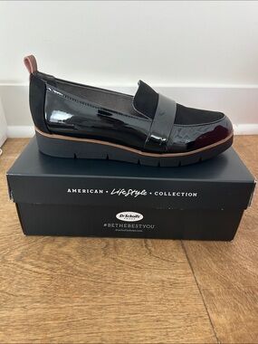 Dr. Scholl's Black Patent Slip-On Loafer with Brown Trim